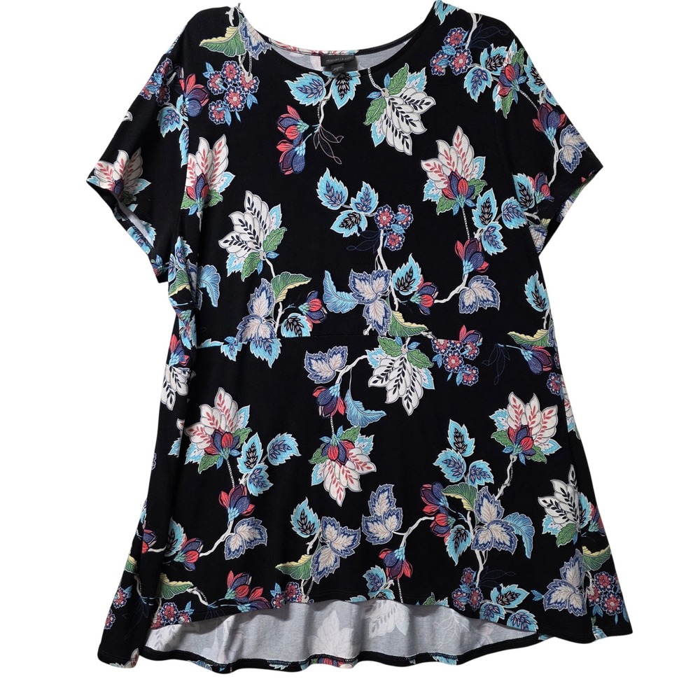 J. Jill Wearever XL Black Floral Short Sleeve Babydoll Tunic High Low Top